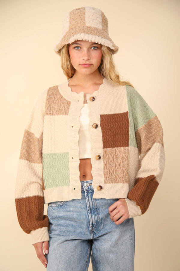 VERY J Color Block Button Down Textured Sweater Cardigan