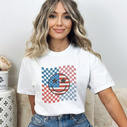 Checkered Patriotic Smiley Face Garment Dyed Tee