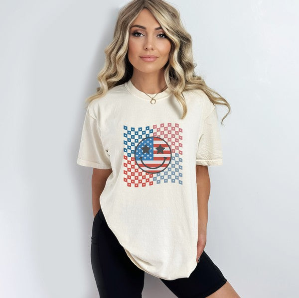 Checkered Patriotic Smiley Face Garment Dyed Tee