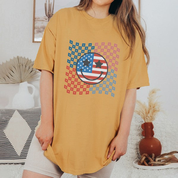 Checkered Patriotic Smiley Face Garment Dyed Tee