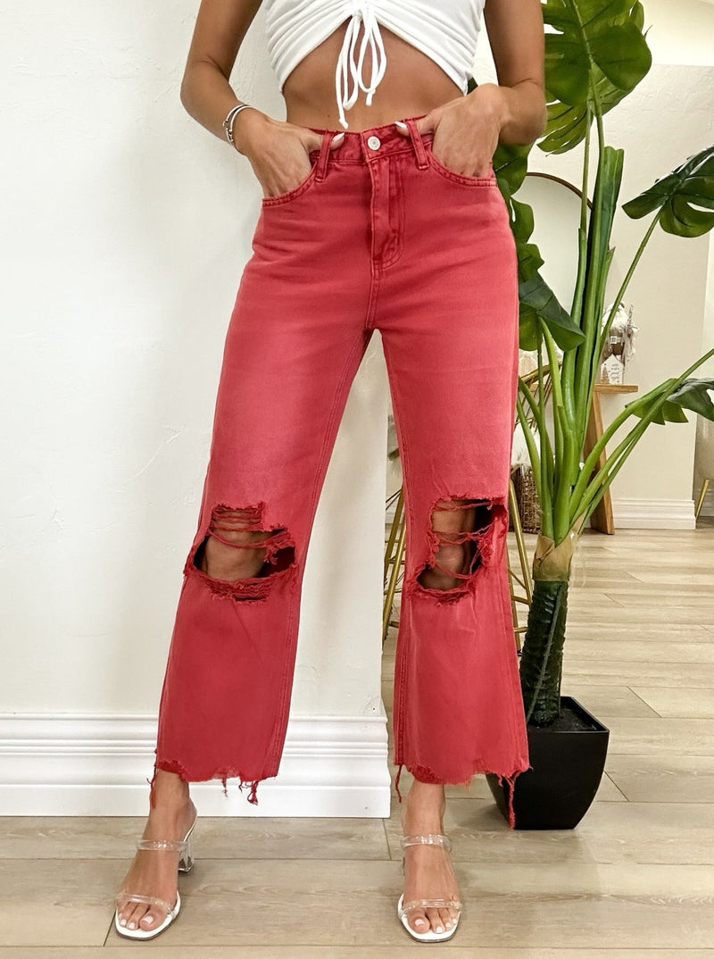 Red 90s Vintage Crop Flare Jeans