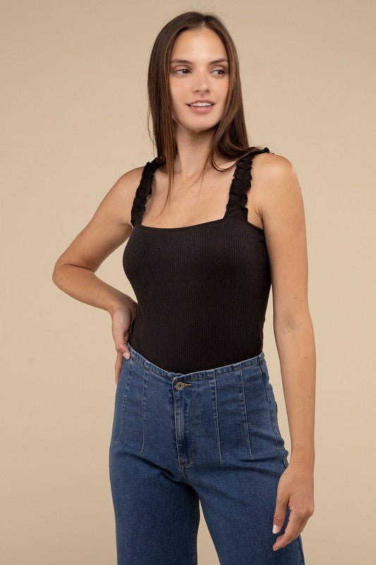 4 Color Options! Ribbed Ruffle Strap Bodysuit